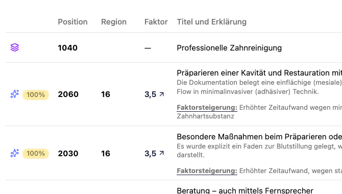 Dentero Abrechnung — Screenshot